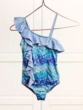 Justice Girls One Piece Swimsuit Size 6 Blue Mermaid Scale Ruffle Cutout Back